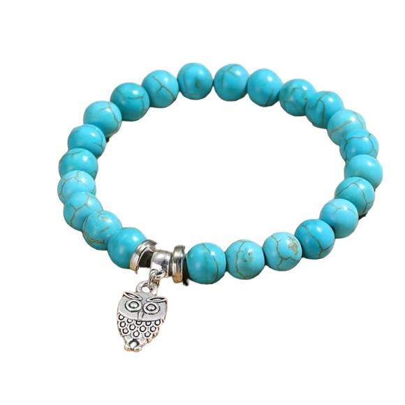 Silver Plated Owl and Turquoise Stretch Bracelet - Picture 3 of 5